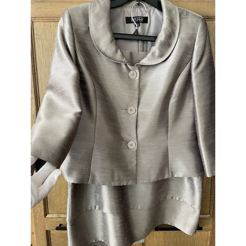 Women Suit Kasper Designer Skirt 2PC Metallic Silver Formal 3/4 Sleeve Sz 12